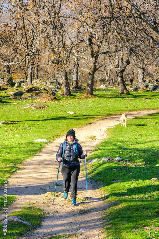A woman hiker trekking through La Herrería forest. San Lorenzo de El Escorial. Madrid, Spain. A woman hiker trekking through La Herrería forest. San Lorenzo de El Escorial. Madrid, Spain.
