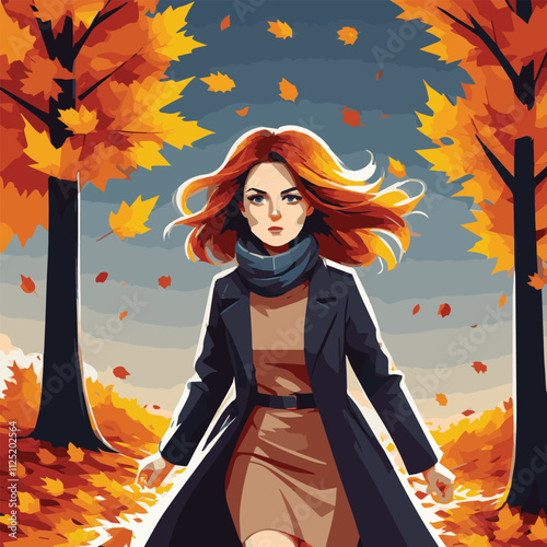 beautiful autumn city park with bench. Woman using phone sitting on the bench in park. Freelance or studying concept. online education. Vector illustration in flat style. Flat vector illustration.