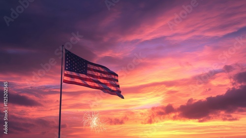 American Flag at Sunset with Fireworks