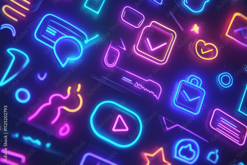 Neon Glowing Icons Background: Colorful Futuristic Digital Interface Neon Glowing Icons Background: Colorful Futuristic Digital Interface