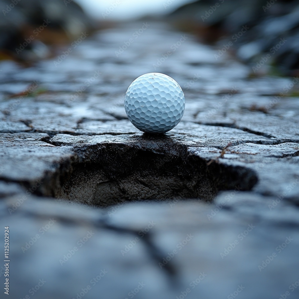 A golf ball poised on cracked stone near a hole, suggesting a game in a rugged outdoor setting. A golf ball poised on cracked stone near a hole, suggesting a game in a rugged outdoor setting.