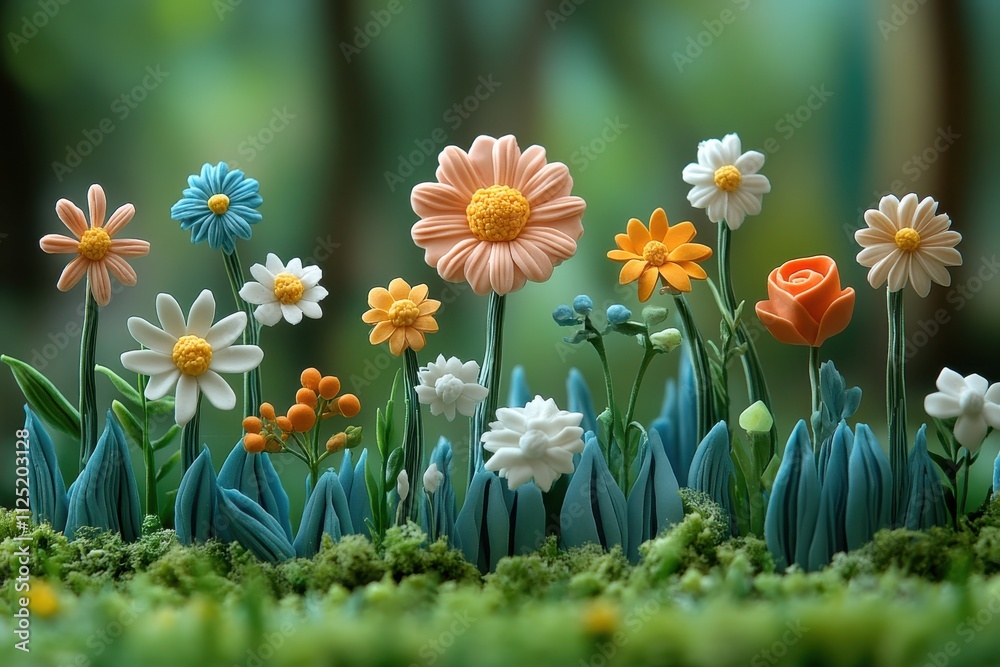 A vibrant display of colorful flowers made from clay, set against a blurred green background. A vibrant display of colorful flowers made from clay, set against a blurred green background.