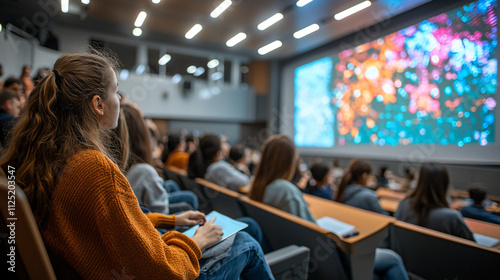 modern lecture hall with students attentively watching colorful presentation