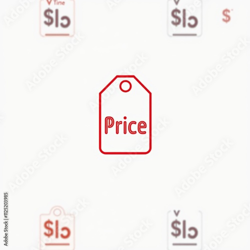 Minimalist price tag icon, red outline on white background, simple geometric design, retail symbol, e-commerce graphic, clean vector illustration, product labeling concept, flat design element, shoppi photo