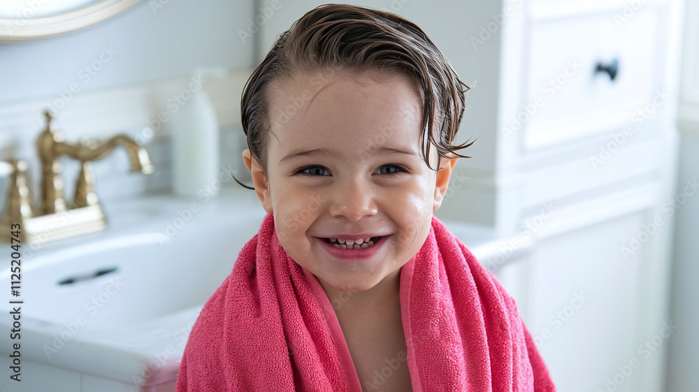 Cute Smiling Cheerful Little Boy Kid Child Standing in Bathroom Wrapped in Towel Clean after Bath and Wash Cute Smiling Cheerful Little Boy Kid Child Standing in Bathroom Wrapped in Towel Clean after Bath and Wash