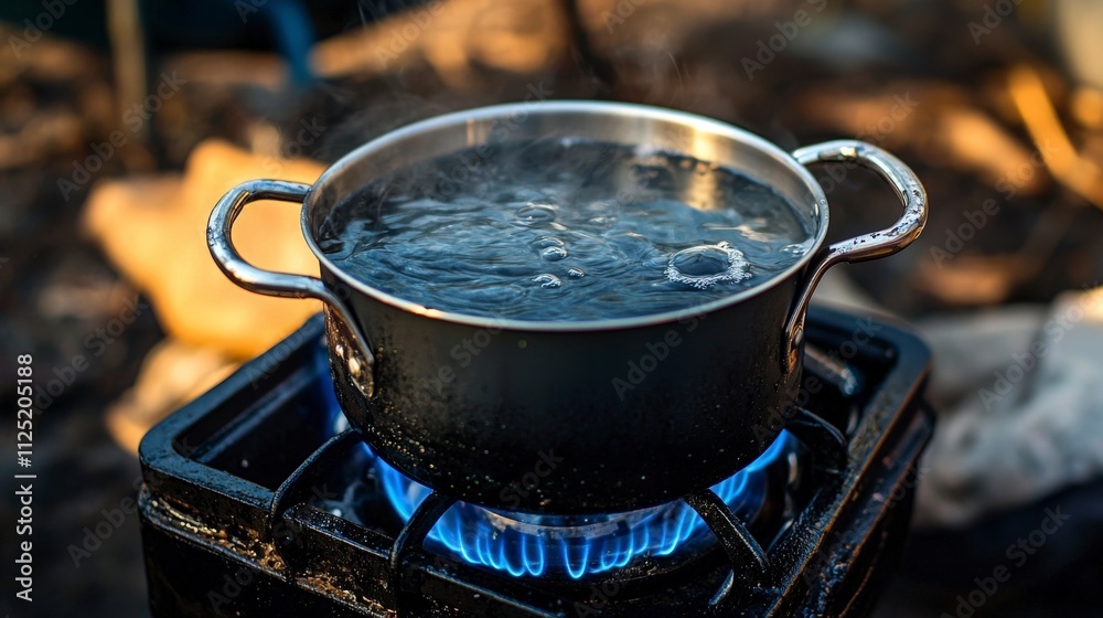 Boiling water on portable gas stove camping site cooking scene outdoor setting close-up view survival essentials Boiling water on portable gas stove camping site cooking scene outdoor setting close-up view survival essentials