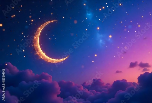 Crescent Moon and Stars in Night Sky