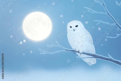 A serene snowy owl perched under a bright full moon in a tranquil winter night.