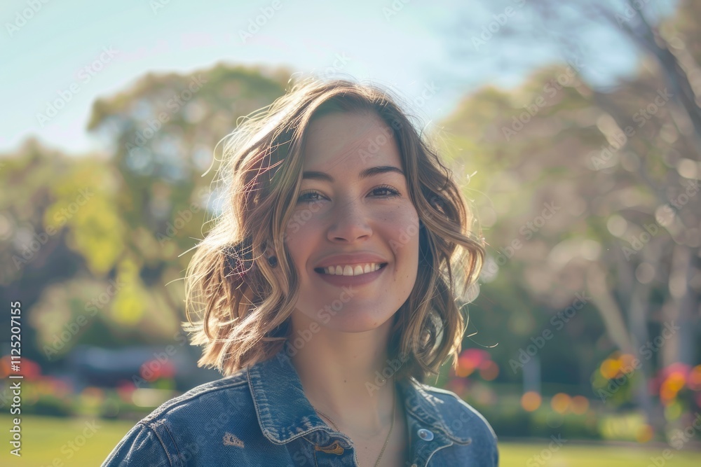 Portrait of a cheerful woman in her 30s sporting a rugged denim jacket over vibrant city park Portrait of a cheerful woman in her 30s sporting a rugged denim jacket over vibrant city park