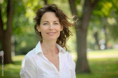 Portrait of a happy woman in her 40s wearing a classic white shirt while standing against vibrant city park