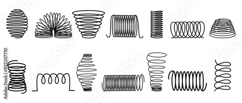 Steel spiral springs. Isolated black metal coils icons, various spring elements. Different compressed extended coil for mattress, machines details, nowaday vector set