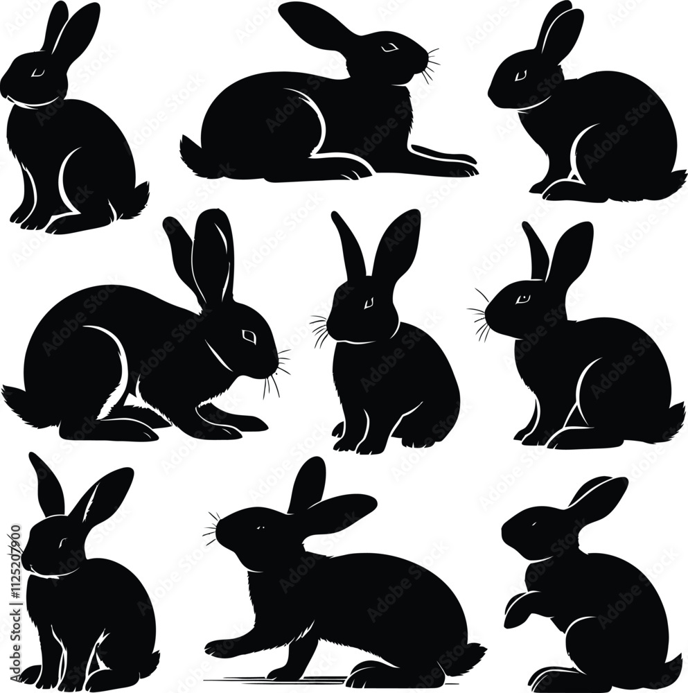 Fototapeta premium Rabbit silhouette vector black and white illustration on a white background