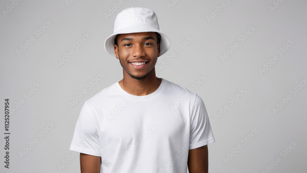 Young black man wearing white t-shirt and white bucket hat isolated on grey background Young black man wearing white t-shirt and white bucket hat isolated on grey background