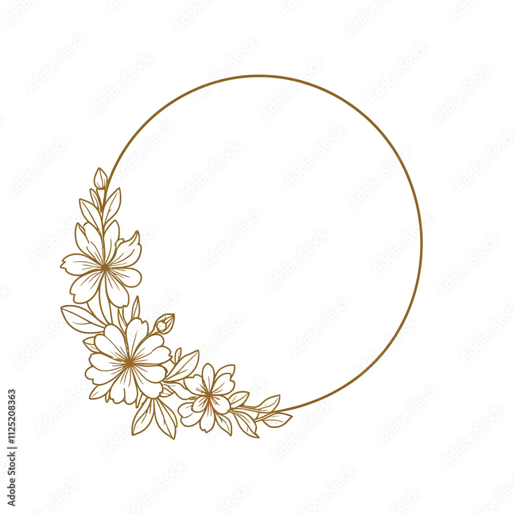 Fototapeta premium Round golden floral wreath frame with hand drawn flowers and leaves decoration