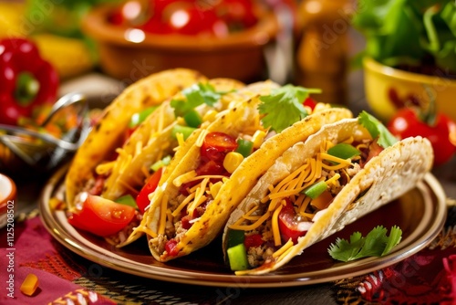 A colorful assembly of Mexican tacos is displayed filled with seasoned meat fresh vegetables and cheese. Garnished with cilantro these tasty delights invite indulgence during a lively gathering. photo