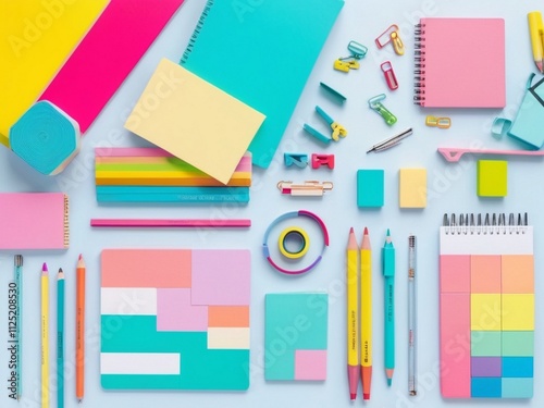 Ideas creativity thoughts with the flat lay of colorful stationery on a white background return to school modern mock up of business