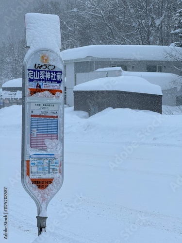 Snowy Bus Stop Sign in Jozankei, Japan