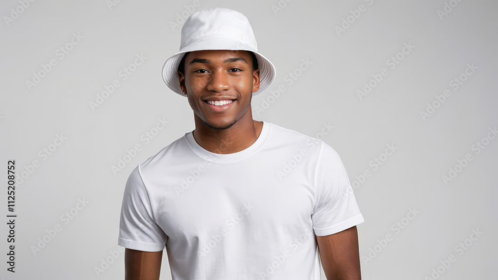 Young black man wearing white t-shirt and white bucket hat isolated on grey background Young black man wearing white t-shirt and white bucket hat isolated on grey background