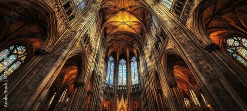 Majestic Gothic Cathedral Interior: A Symphony in Stone and Light photo