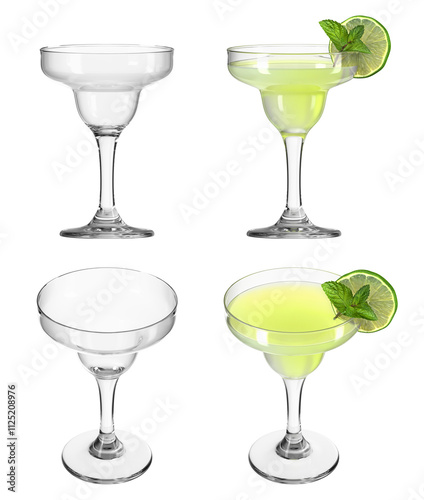 Margarita cocktail glass on isolated transparent background. Set of empty glasses and with drink in different angles. Beverage with lime and mint. Bar theme. 3d rendering.