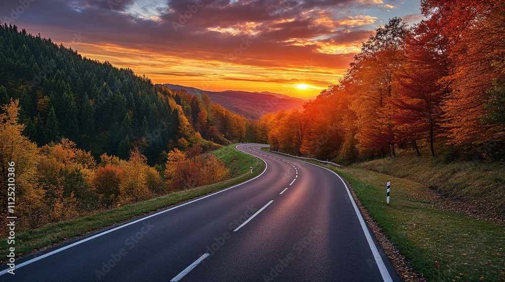 Black Asphalt Road Landscape at Sunset in Vibrant Nature Scene Black Asphalt Road Landscape at Sunset in Vibrant Nature Scene