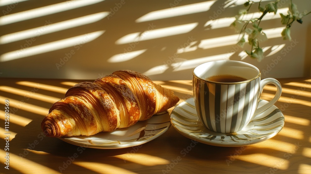 A breakfast scene featuring a croissant and coffee cup, with sunlight streaming through blinds and casting striped shadows A breakfast scene featuring a croissant and coffee cup, with sunlight streaming through blinds and casting striped shadows