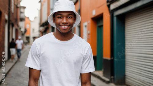 Young black man wearing white t-shirt and white bucket hat standing in a city alley