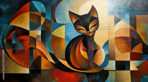 A painting in a cubist style depicting a cat