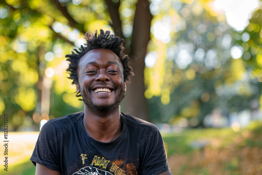 Portrait of a happy afro-american man in his 20s sporting a vintage band t-shirt over vibrant city park