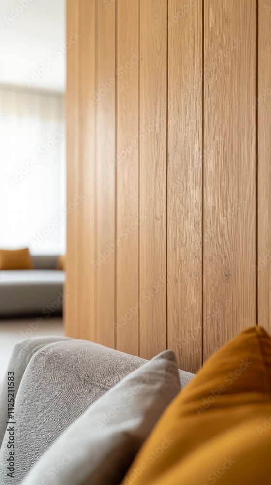 Fototapeta premium Modern and Cozy Lounge with Sustainable Wood Accent Wall and Minimalist Decor