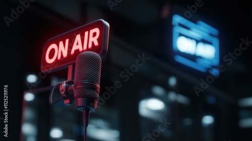 Close up view of a concept for the a podcast, radio or television studio with microphone and 