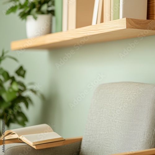 Wallpaper Mural Serene Reading Nook with Sustainable Wooden Wall Shelf and Cozy Armchair in Soft Lighting Torontodigital.ca