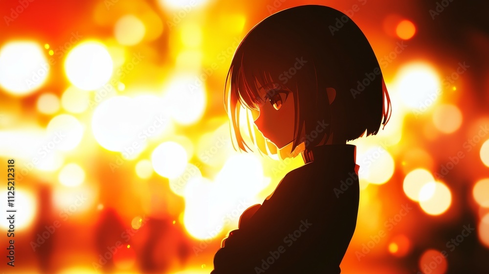Mysterious Anime Girl Portrait with Fiery Bokeh Lights - Dramatic Digital Art of Pensive Female Character in Warm Tones - Intense Profile View of Manga-Style Woman with Dark Hair Mysterious Anime Girl Portrait with Fiery Bokeh Lights - Dramatic Digital Art of Pensive Female Character in Warm Tones - Intense Profile View of Manga-Style Woman with Dark Hair