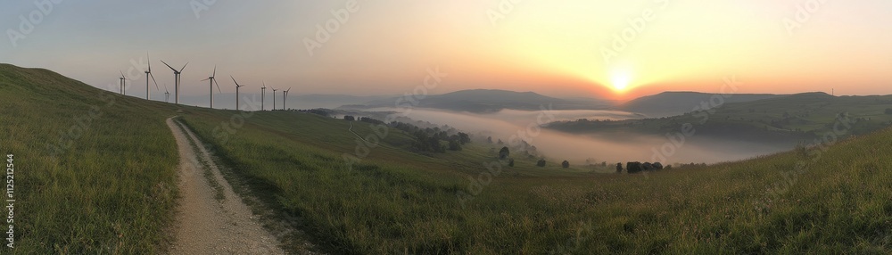 Golden Sunrise Over Misty Valley Tranquil Landscape with Wind Turbines on Hill. Serene Renewable Energy Scenery in Morning Light Golden Sunrise Over Misty Valley Tranquil Landscape with Wind Turbines on Hill. Serene Renewable Energy Scenery in Morning Light