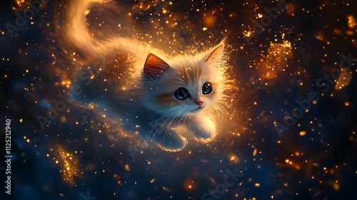 Magical kitten surrounded by glowing particles.