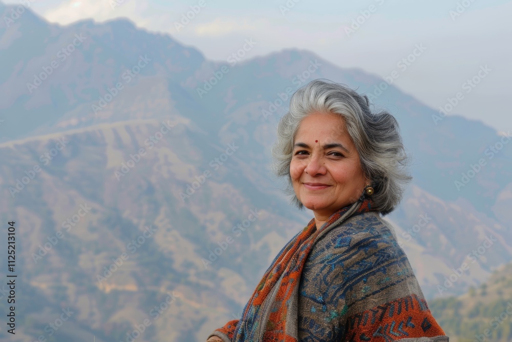 Naklejka premium Portrait of a glad indian woman in her 50s wearing a chic cardigan while standing against panoramic mountain vista