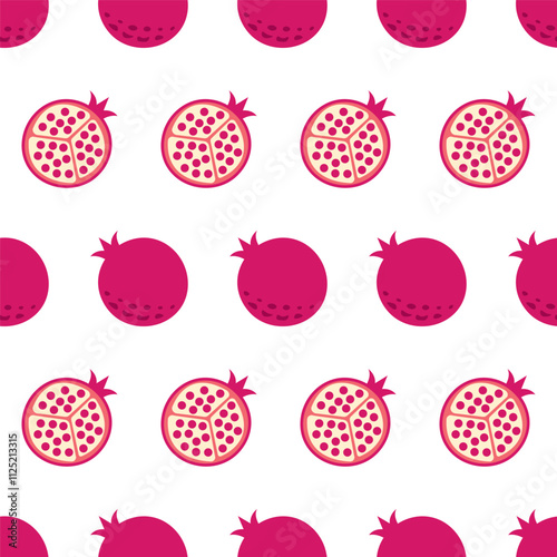 Seamless pattern of red fruit pomegranate. Flat vector illustration isolated on white background.  Print for fabric, textile, wrapping paper, healthy food, menu, card