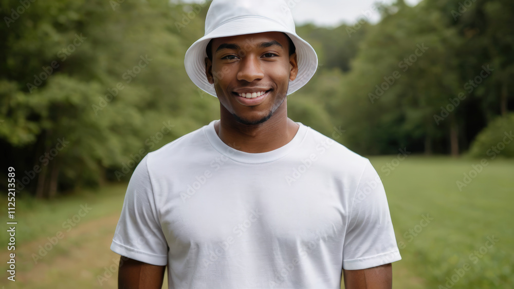 Young black man wearing white t-shirt and white bucket hat standing in nature Young black man wearing white t-shirt and white bucket hat standing in nature