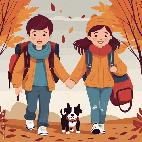 Man and woman are walking their dog together in park enjoying walk on autumn evening with warm weather. Happy couple with white dog on leash take care of pet in need of timely walk outdoors.