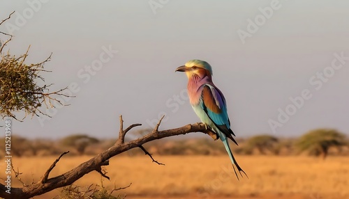 colorful lilac-breasted roller bird perched on a branch in a dry, grassy landscape photo