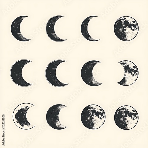 Moon Phases Illustration Pattern on Light Background in Vintage Style