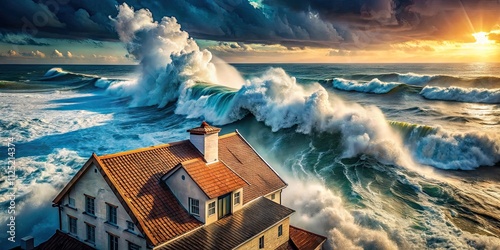 Aerial close-up: relentless ocean waves pummel a rooftop, a dramatic drone perspective.