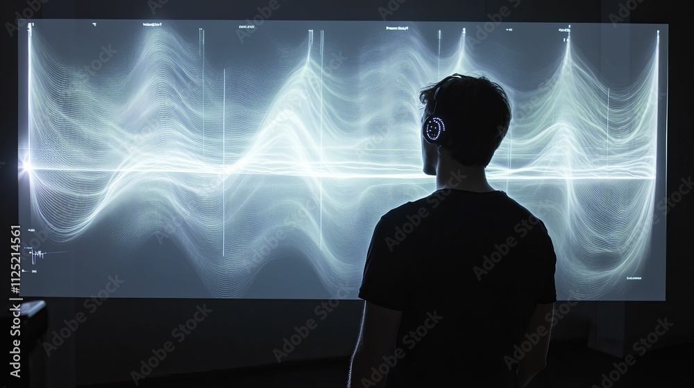 Person wearing headphones observes glowing wave data. Person wearing headphones observes glowing wave data.
