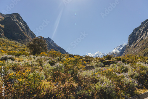 View of the snow-capped mountains of the Cordillera Blanca, located on the road between the provinces of Carhuaz and Asuncion, near Punta Olimpica. Ancash, Peru. photo