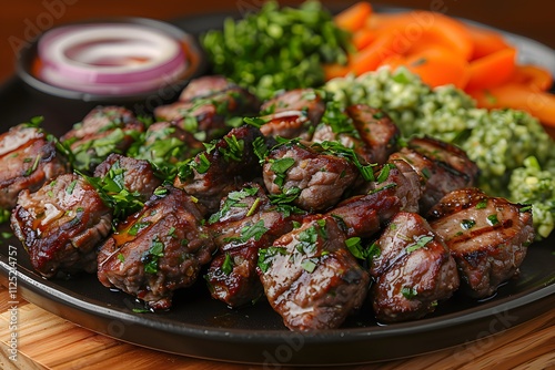 Grilled Beef Skewers with Vegetables and Chimichurri Sauce for Gourmet Barbecue Delight