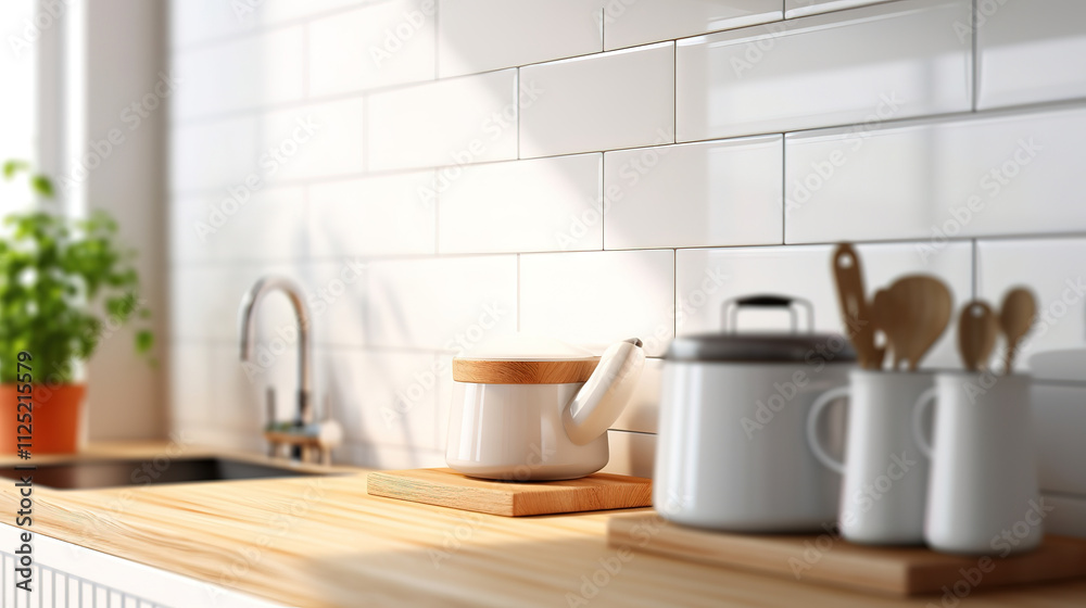 Amazing kitchen details, accessories, ceramic jars, wooden table, white ceramic brick wall Amazing kitchen details, accessories, ceramic jars, wooden table, white ceramic brick wall