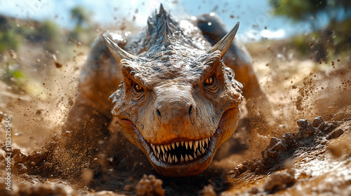 Tiranosaurio Rex atacando en el agua con mandíbula abierta