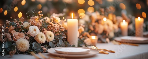 Elegant Wedding Reception Table Setup with Twinkling String Lights and Gold Candle Holders photo