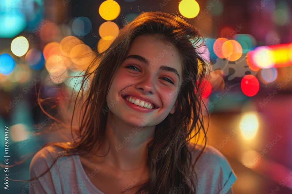 Portrait of a cheerful caucasian woman in her 30s dressed in a casual t-shirt on glittering city nightlife