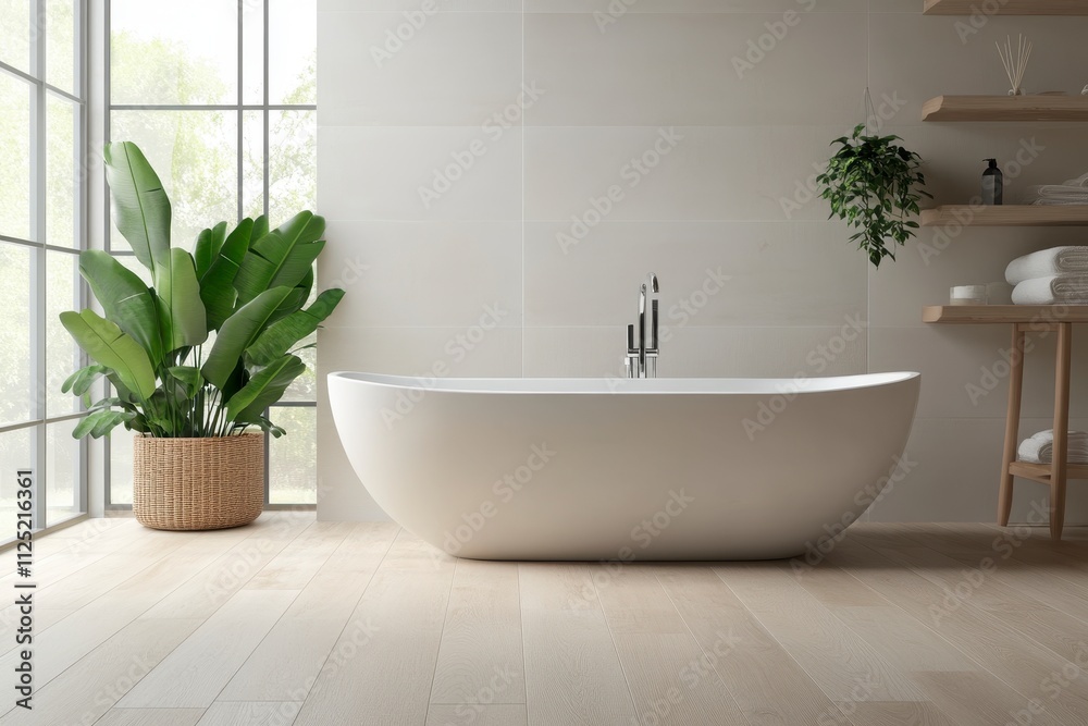 Serene Spa Bathroom Interior with White Bathtub, Grey Wood Flooring, and Tropical Greenery - Relaxation and Luxury Concept Serene Spa Bathroom Interior with White Bathtub, Grey Wood Flooring, and Tropical Greenery - Relaxation and Luxury Concept